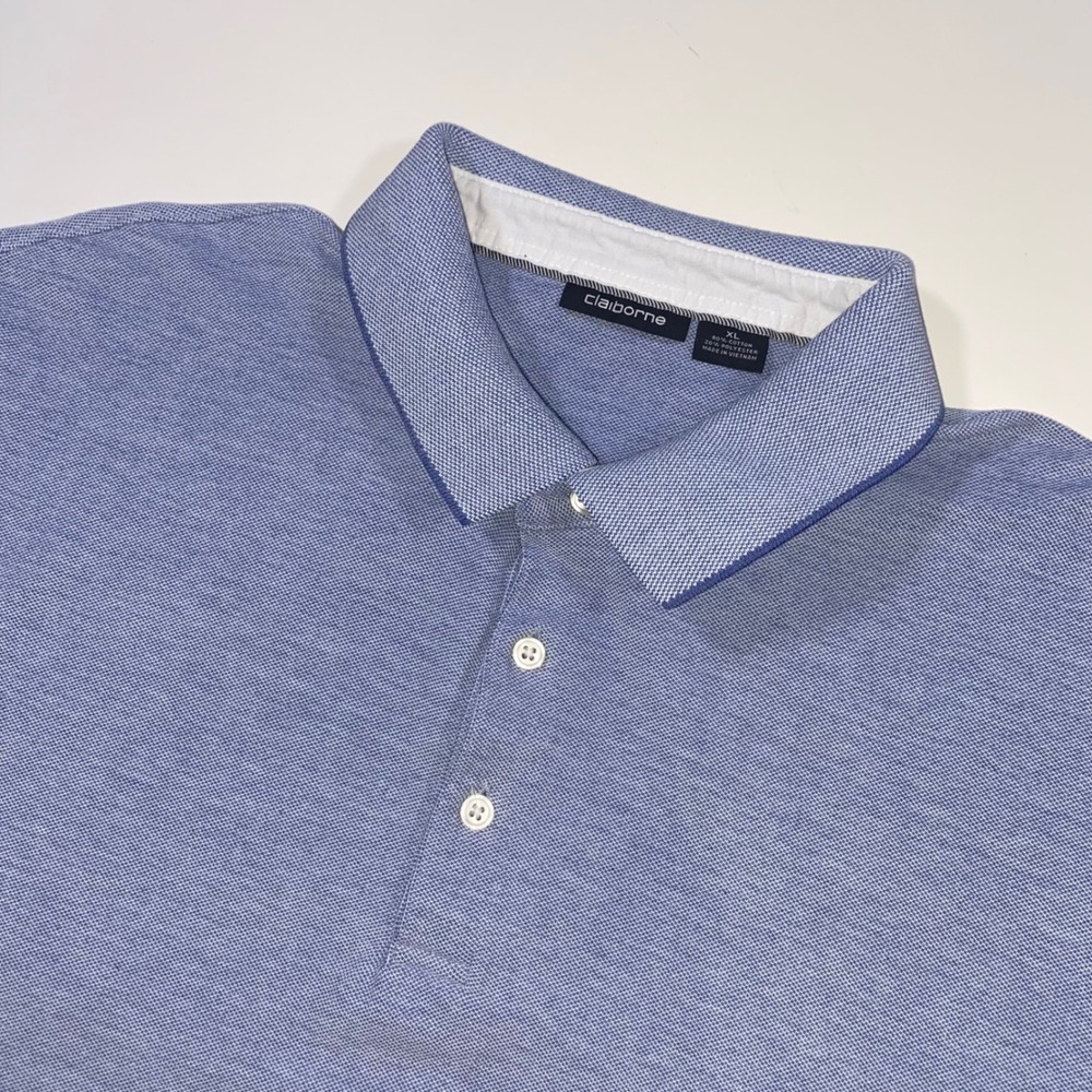 Claiborne Men XL Light Blue Heathered Pique Cotton Blend Short Sleeve Polo Shirt